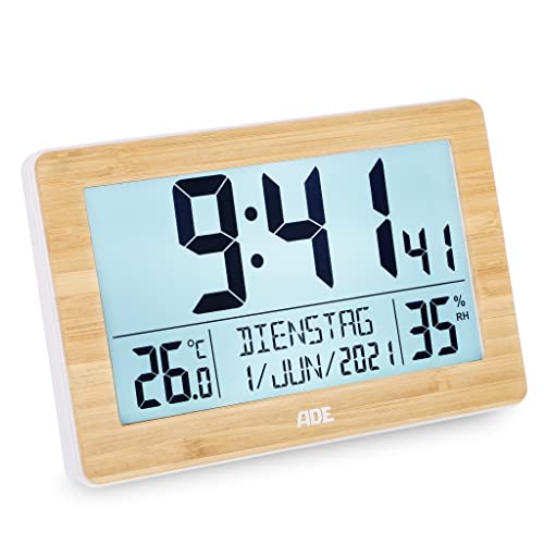 ADE Digitale XL-Funkuhr mit sehr großen Ziffern | Tischuhr mit 2 Weckzeiten und Beleuchtung | Thermometer Hygrometer | schmaler Rahmen aus echtem Bambus von ADE