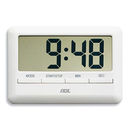 ADE Digitaler Küchentimer TD 1600 (Der flachste Timer der Welt inklusive Uhrzeit, Wecker, Countdown und Stoppuhr, Magnet-Aufhängung, LCD-Display) weiß von ADE