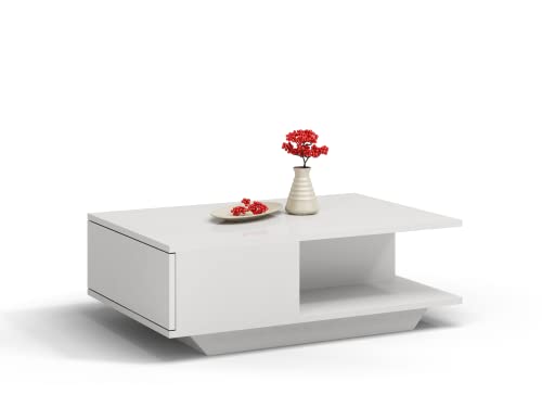ADGO Denver Couchtisch 90x60x42cm Modern Rechteckig Kleiner Niedriger Beistelltisch für Wohnzimmer, Tisch mit Aufbewahrung, Geometrische Kaffeetisch Sofatisch Wohnzimmertisch (Weißer Glanz) von ADGO
