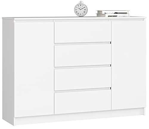 ADGO K140 2D 4SZ CLP Kommode mit 2 Schränken und 4 Schubladen 138x99x40cm, Klassischer Schrank mit Regalen für Schlafzimmer, Tief Freistehend Platzsparend (Versand in 3 Packs) (Weiß) von ADGO