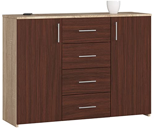 ADGO K45 Kommode mit 4 Schubladen und 2 Schränken 110x80x35cm, Klassischer Schrank mit Regalen für Schlafzimmer, Wohnzimmer, Kinderzimmer, Freistehend Platzsparend (Versand in 2 Packs) (Sonoma/Wenge) von ADGO