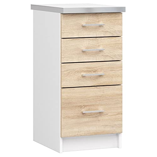 ADGO Lima Küchenschrank mit Arbeitsplatte, weiße Küchenarbeitsplatte mit silbernem Finish, Unterschrank, Einbauküchenschrank, Küchenschrank, weiß/Sonoma Eiche (S40 SZ4)(Wird in 2 Paketen geliefert) von ADGO