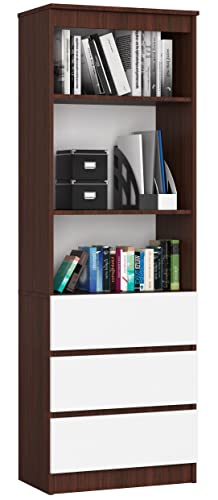 ADGO R60 3SZ 2P CLP Regal mit schubladen Wenge/Weiß Bücherregal mit 3 Regalen und 3 Schubladen 60x180x35 cm, Aufbewahrungsregal, Offenes Standregal, Büroregal, Ordnerregal (Versand in 2 Paketen) von ADGO