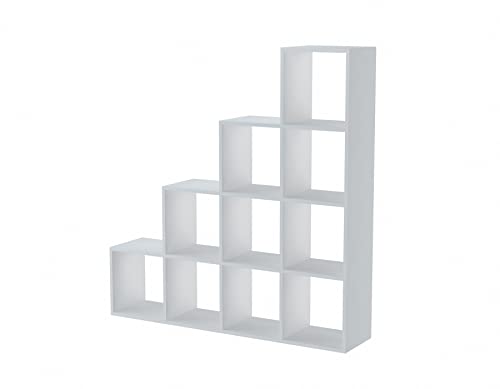 ADGO Step RS-40 4x4 Bücherregal, Cube Rack, Würfelregal, Regal für Wohnzimmer, Schlafzimmer Büro, Treppenregal, 10 Fachböden, Leiterregal, Raumteiler, Wandregal, Treppe (Weiß)(Versand in 2 Packungen) von ADGO