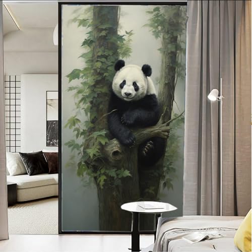 AEMYSKA Retro-Panda-Fensterfolie, dekorativ, nebliger Wald, modernes Tier, Buntglas-Fensterfolie, Sonnenblockierung, Hitzekontrolle, kein Kleber, Fensterabdeckungsfolie für Zuhause, Büro, 70 x 100 cm von AEMYSKA