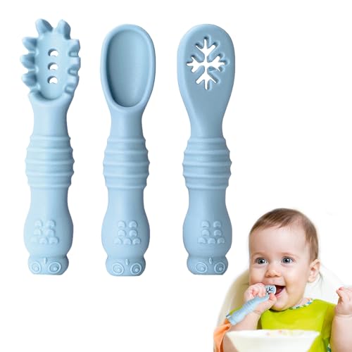 Lernlöffel für Baby 3er Set, Silikon Babylöffel Breifrei Baby Weaning BPA Frei, Fütterlöffel und Zahnungshilfe für Baby & Kleinkind Säugling Kinder (Blau) von AFEION