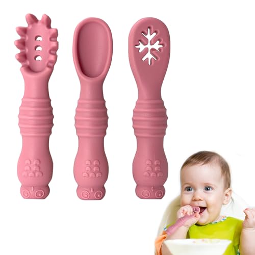 Lernlöffel für Baby 3er Set, Silikon Babylöffel Breifrei Baby Weaning BPA Frei, Fütterlöffel und Zahnungshilfe für Baby & Kleinkind Säugling Kinder (Rose) von AFEION