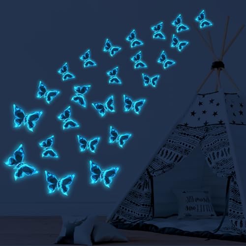 Wandtattoo Leuchtend, 24 Stück Wandtattoos Schmetterlinge, Wandaufkleber Leuchtsticker Blau Schmetterling Wohnzimmer Schlafzimmer Wanddeko von AFEION