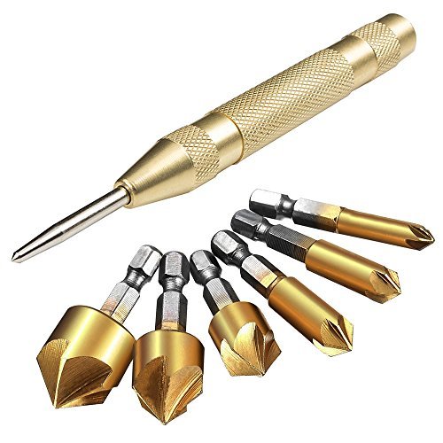 AFUNTA 1/4 '' Countersink Bohrer mit automatischer Körner, 6 Stück Sechskantschaft HSS 5 Flöte Senker 90 Grad Entgrater Werkzeug, mit 1 Stück 5"Bohrer für Stahl Metall Holz Kunststoff von AFUNTA