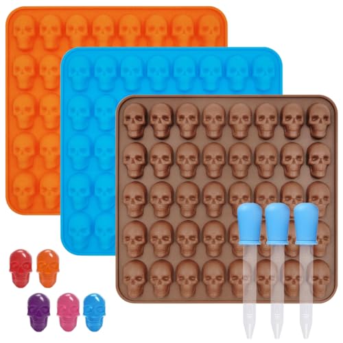 AFUNTA Silikonform mit Totenkopf-Design, 3 Stück, Mini-Gummibärchen, antihaftbeschichtet, Schokoladenform, Süßigkeitenform mit 3 Pipetten für die Herstellung von Gelee, Kuchen, Eiswürfeln, Keksen von AFUNTA