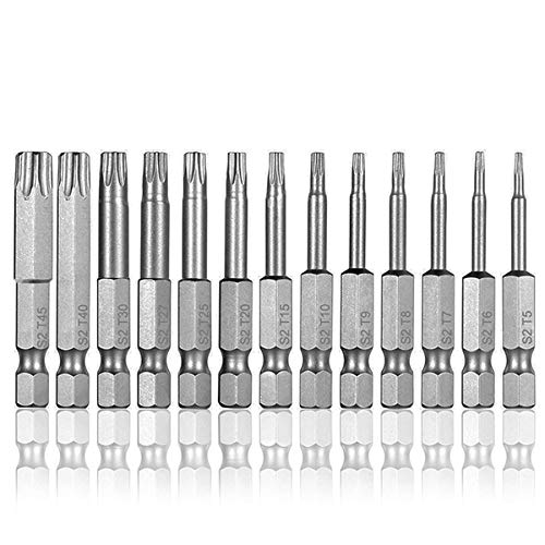 AFUNTA Bit-Set, 13 Zoll (6,35 mm) Sechskant-Schaft T5-T40, magnetischer Torx-Schraubendreher-Bitsatz, Sicherheit, manipulationssicher, Stern, 1/4-Punkt-Schraubendreher, Werkzeug, 50 mm Länge, 12 Teile von AFUNTA