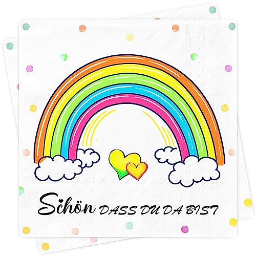 AFYHH Servietten Geburtstag Kinder 100Stück Regenbogen Servietten Schön Dass Du Da Bist Taufe Hochzeit 3-Lagige Einschulung Konfirmation Kommunion Napkins Tischdeko Servietten Weiß 33x33cm von AFYHH