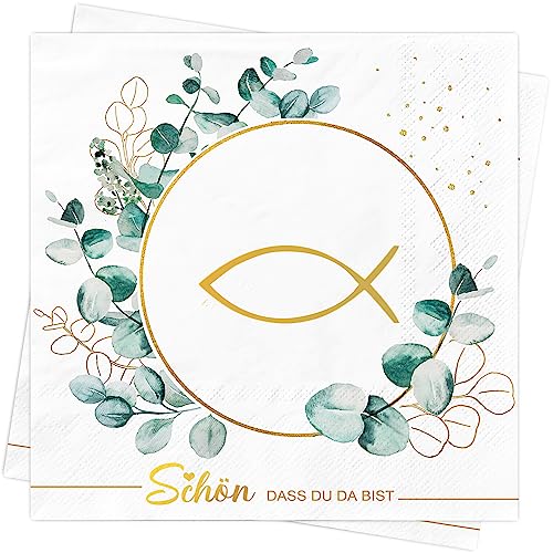 AFYHH 60Stück Servietten Geburtstag Hochzeit Taufe Schön Dass Du Da Bist Grün Eukalyptus 3-Lagige Fisch Servietten Konfirmation Kommunion Napkins Tischdeko Servietten Weiß 33x33cm (60 Stück) von AFYHH