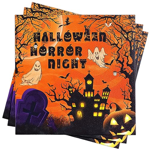 AFYHH Halloween Servietten Halloween Tischdecke 40Stück Servietten Herbst Geburtstag Schwarz Orange Servietten mit Gruselig Kürbis Fledermaus Burg Halloween Deko Accessories 33X33cm von AFYHH