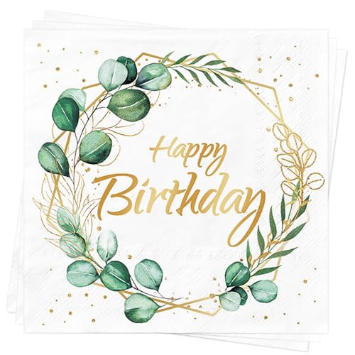 AFYHH Servietten Geburtstag Eukalyptus Grün 80Stück Happy Birthday Servietten Taufe Geburtstag Deko Weiß Napkins Geburtstag Tischdeko Party Deko Konfirmation Napkins Servietten 33x33cm von AFYHH