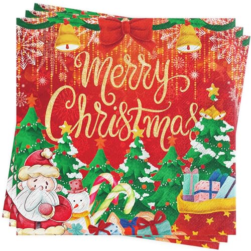 AFYHH Servietten Weihnachten Tischdeko Deko - 40Stück Weihnachten Servietten Geburtstag Rot Merry Christmas Napkins Weihnachts Tischdeko Papierservietten 33x33cm von AFYHH