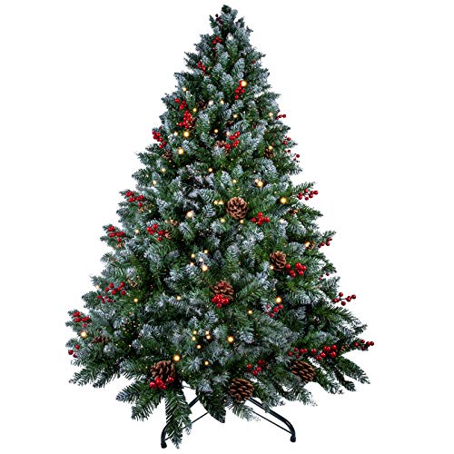 AGM Weihnachtsbaum, 1.8 m, künstlicher Kiefernbaum mit faltbarem Metallständer, Tannenzapfen und roten Obst, 6 Fuß hohe Kupferdrahtlampe, beflockte Schneebäume für Feiertage, Weihnachtsdekoration von AGM