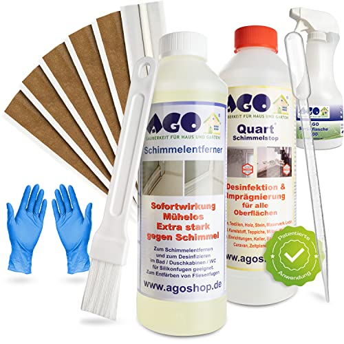 AGO® Schimmelentferner Silikon Intensiv Set 11-TLG zur Schimmelentfernung für Silikonfugen & Co I AGO® Schimmelentferner 500ml, AGO® Quart Schimmelstop 500ml, 6X 20cm AGO® Fugentape & Zubehör von AGO Sauberkeit für Haus und Garten!