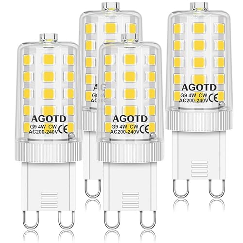 AGOTD 4W G9 LED Lampe, 6000k Kaltweiß LED Leuchtmittel Ersatz 40W G9 Halogenlampe, 400 Lumen 220-240V AC Nicht Dimmbar, Kein Flackern, 360° Abstrahlwinkel, 4er Pack von AGOTD