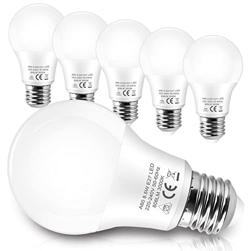 AGOTD E27 LED Lampe, 8,5W 806LM 3000K Warmweiß LED Glühbirne Ersetzt 60W, A60 Leuchtmittel E27 LED Birnen, nicht Dimmbar Energiesparlampe, 6 Stück von AGOTD