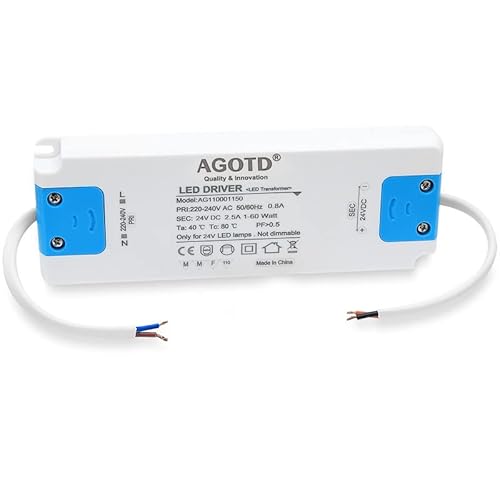 AGOTD LED Trafo LED Transformator 230V auf 24V LED, DC 60 Watt LED Netzteil Treiber LED Driver Konstantspannungs 60W für LED Lichtstreifen, Schrankleuchten von AGOTD