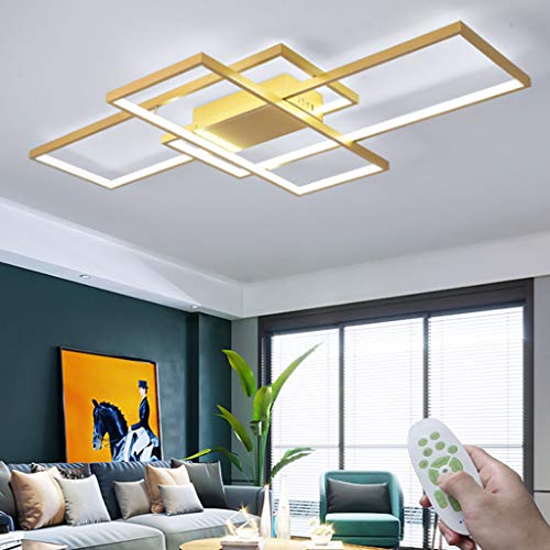 Wohnzimmer Deckenleuchte LED Modern Deckenlampe Kreativität Rechteck Deckenlicht Dimmbare Lichtfarbe Und Helligkeit 3000K-6000K Mit Fernbedienung Acryl Lampenschirm Schlafzimmer Beleuchtung,Gold,ø90cm von AHQX