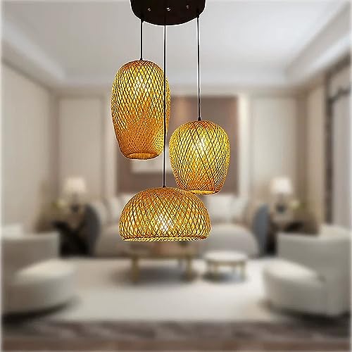 AIAO Pendelleuchte Retro Bambus Gewebte Hängeleuchten E27 Industrial Stil 3 Flammen Pendellampe Vintage Sphärisch Esstisch Lampe Kronleuchter Für Wohnzimmer Schlafzimmer Esszimmer Cafe Bar Hängelampe von AIAO