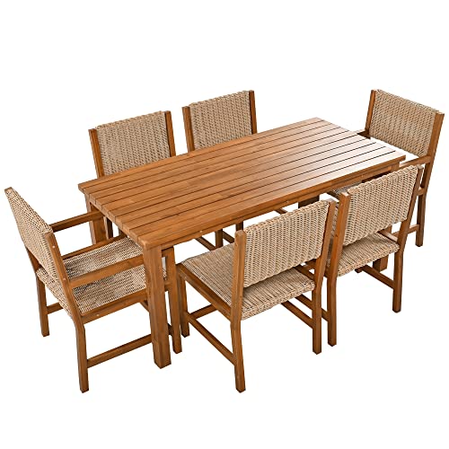 AICARE 7-teiliges Outdoor-Esstisch-Set für 6 Personen,Gartenmöbel-Set aus PE-Rattan mit Tischplatte aus Akazienholz,Stuhlgestell aus Akazienholz für Hinterhof,Garten,Braun von AICARE