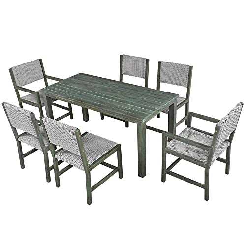 AICARE 7-teiliges Outdoor-Esstisch-Set für 6 Personen,Gartenmöbel-Set aus PE-Rattan mit Tischplatte aus Akazienholz,Stuhlgestell aus Akazienholz für Hinterhof,Garten,Grün von AICARE