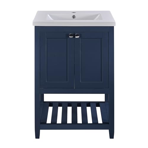 AICARE Badmöbel Einzel Waschtisch mit Unterschrank 60cm mit Keramik-Waschbecken,blau von AICARE