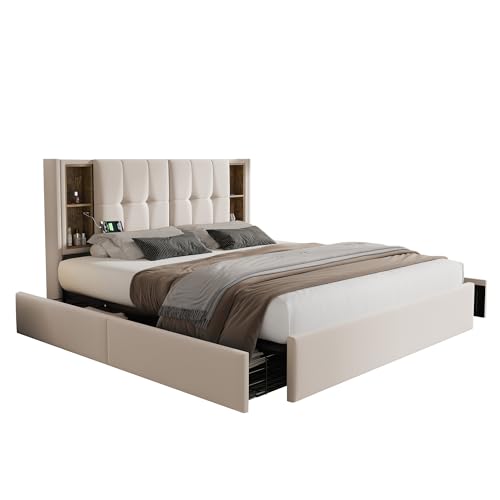 AICARE Doppelbett mit Kabellosem Laden USB C& 4 Schubladen, Polsterbett Bettgestell 160x200cm,Lattenrost aus Holz-Beige Samt (Ohne Matratze) von AICARE