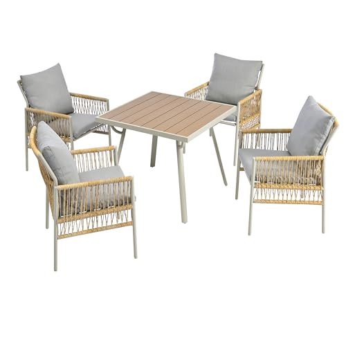 AICARE Garten-Essgruppe,Gestell aus verzinktem Eisen,Gartenmöbel-Set (5-teiliges Esstisch-Set,4 Sessel,1 Tisch),WPC-Tischplatte,PE-Rattan,mit verstellbaren Füßen,inklusive Sitzkissen von AICARE