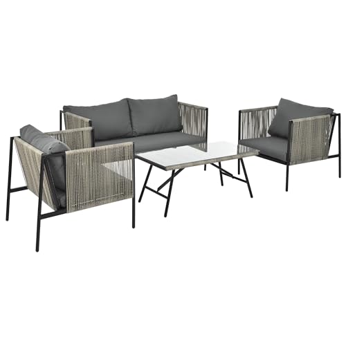 AICARE Lounge-Set, Gartenmöbel-Set mit verzinktem Stahlgestell (4-teiliges Esstisch-Set, 1 2-Sitzer-Sofa, 2 Einzelstühle, 1 Tisch), Tischplatte aus Glas, PE-Rattan, grau, inklusive Kissen von AICARE