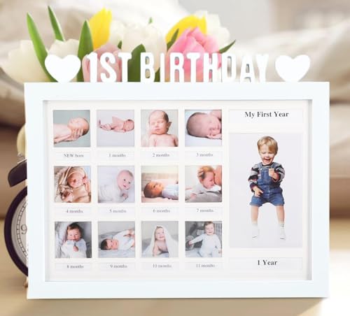 AIDIER Baby Bilderrahmen Erinnerung für Erste Jahr 12 Monate Fotorahmen Collage für 12 Fotos Fotocollage Baby Geburtsgeschenk für Neugeborene Babyparty Ersten Geburtstag Geschenke von AIDIER