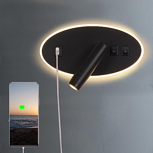 AIRTWESD USB-Aufladung Nachttischlampe schwenkbar Wandleuchte Schlafzimmer Strahler Leseleuchte Licht zum Lesen Flur mit Schalter (3W + 9W 3000k) von AIRTWESD