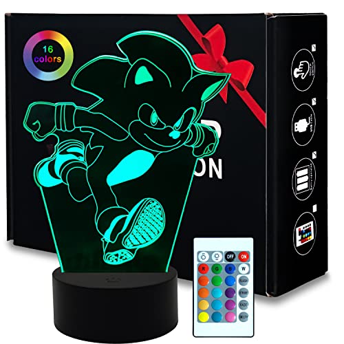 AIRUEEK 3D nachtlicht Sonic Hedgehog Spielzeug LED Illusion Lampe-16 Farbvariationen Schlafzimmerdekor Kreative Geschenke für Kinder Männer Sonic-Fans von AIRUEEK
