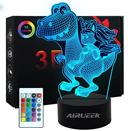 AIRUEEK Dino Dana Einhorn Lampen,Dinosaurier mit Einhorn 3d Lampe mit Farbwechsel 16 Farben with Remote Control Dinosaurier Spielzeug Einhörner Geschenke Mädchen Jungen von AIRUEEK