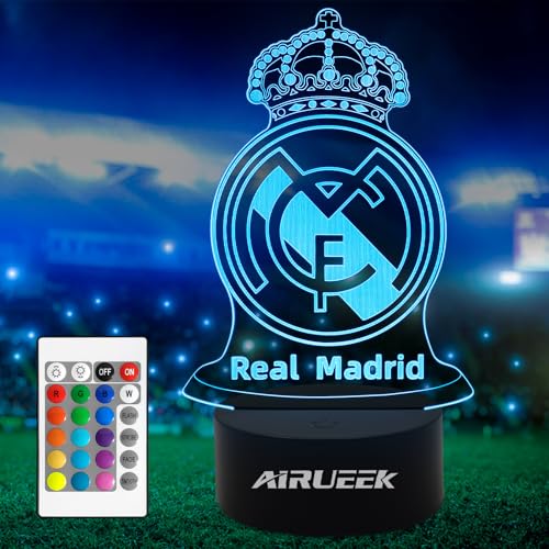 AIRUEEK Real Madrid Lampe 3D Fußball Lampe Schild Madrid, 16 Farben der Beleuchtung und Fernbedienung, Geschenke für Fußballer Kinder von AIRUEEK