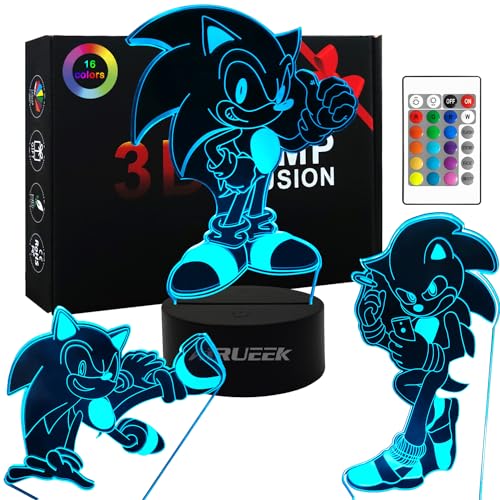 AIRUEEK Sonic Hedgehog Spielzeug 3D nachtlicht LED Illusion Lampe-3Pack Sonic/1 Fernbedienung /1 schwarzer Sockel/-Schlafzimmerdekor Kreative Halloween Weihnachts Geschenke für Kinder Männer von AIRUEEK