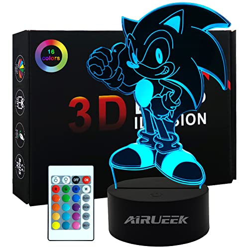 AIRUEEK Sonic Spielzeug Nachtlicht 3D Lampe-16 Farbvariationen/1 Fernbedienung/1 Schwarzer Sockel/-Schlafzimmer Dekoration Kreative AnimeSonic Hedgehog Geschenke für Jungen Kinder von AIRUEEK