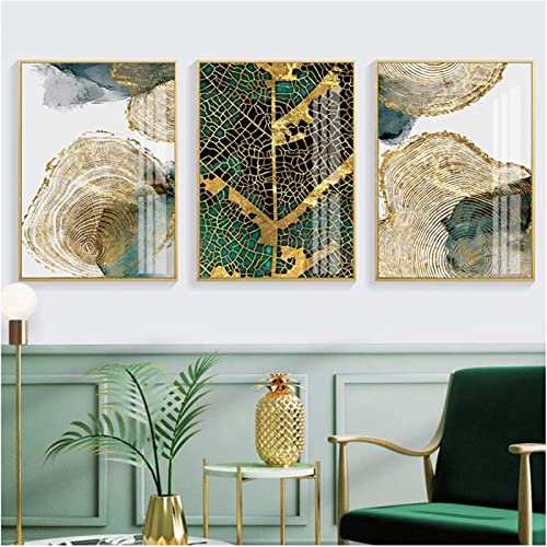 Leinwand Gemälde Moderne Abstrakte Gold Green Leaf Trail Jahresring Poster Bild Wand Gemäldedrucke Bild Wohnzimmer Schlafzimmer Wohnkultur Rahmenlos 60×80cm×3pcs von AIVYNA