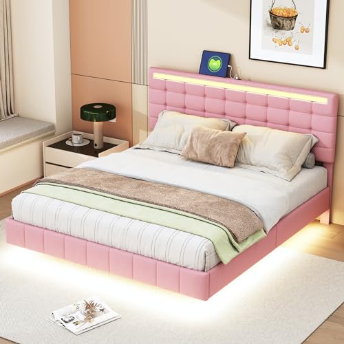 AIYIBETY Polsterbett 160 x 200 cm, gepolsterter Schwebebettrahmen mit LED-Leuchten und Kopfteildesign, flächiges Doppelbett-Gästebett in hautfreundlichem Leinen Rosa von AIYIBETY