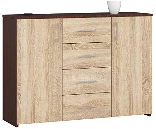 AKORD Kommode K45 mit 4 Schubladen und 2 Ablagefächern mit Türen | für das Wohnzimmer Schlafzimmer Schrank Büro Arbeitszimmer | B110 x H80 x T35 cm, Gewicht 43kg | Wenge/Sonoma-Eiche von AKORD