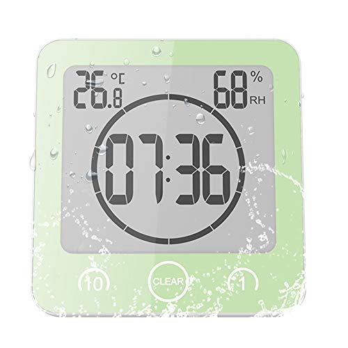 ALLOMN Badezimmer Uhr, LCD Digital Dusche Wecker Wasserdichte Berührungssteuerung ℃ / ℉ Temperatur Luftfeuchtigkeit, Countdown Timer, 3 Montagemethoden, Batterieleistung (Grün) von ALLOMN