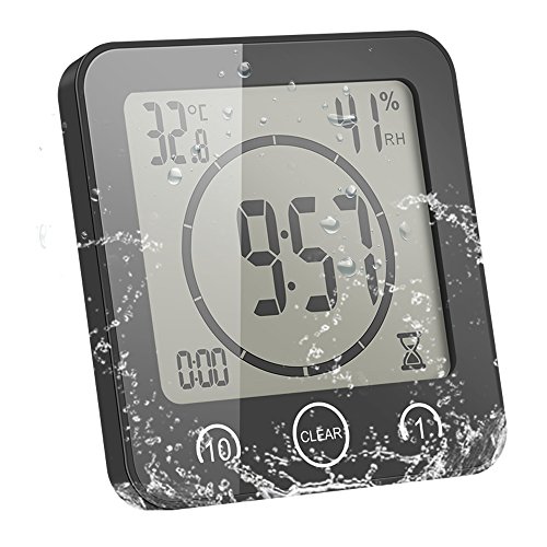 ALLOMN Badezimmer Uhr, LCD Digital Dusche Wecker wasserdichte Berührungssteuerung ℃ / ℉ Temperatur Luftfeuchtigkeit, Countdown Timer, 3 Montagemethoden, Batterieleistung (Schwarz) von ALLOMN