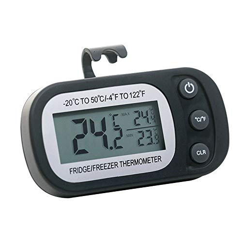 ALLOMN Kühlschrankthermometer, IPX3 Wasserdichtes Mini Kühl/Gefrierschrank Digitalthermometer mit Haken, LCD Anzeige und Max/Min Funktion (-20 bis 50 ° C) für Küchenrestaurants (Schwarz) von ALLOMN