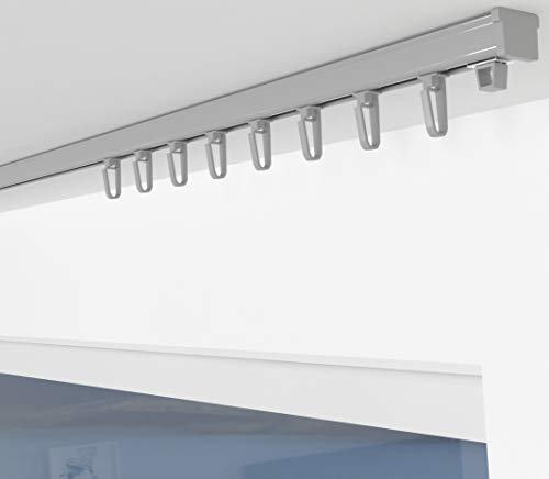 ALOHA Gardinenschiene aus Aluminium Vorhangschienen, Deckenbefestigung 1, 2, 3, 4, 5 -läufig für Schiebevorhänge, Vorhänge (ITU / 1-läufig / 120cm / mit Faltenlegehaken/Grau) von ALOHA