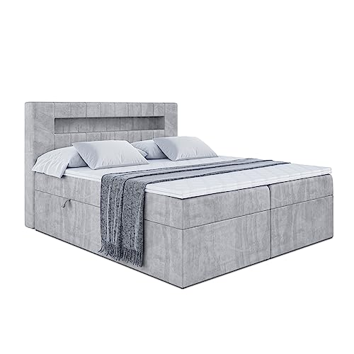 ALTDECOR Boxspringbett mit H3-Matratze (20 cm hoch) mit Bonellfederung + PUR, Topper (4 cm hoch), Polsterbett mit Kopfteil und Bettkasten mit LED - ORGOL 200x200 - Grau Monolith 84 von ALTDECOR