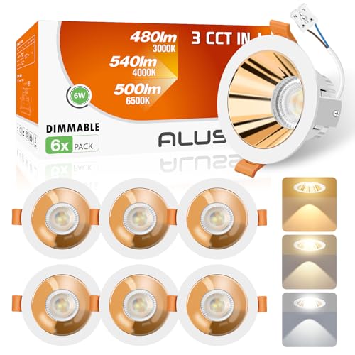 ALUSSO LIGHTING LED Einbaustrahler, 6W 540lm Ø75mm, Blendfrei Dimmbar 3CCT Warmweiß Naturweiß Kaltweiß, für Schlafzimmer, Gold Weiß Deckenspot 230V, 6er von ALUSSO LIGHTING