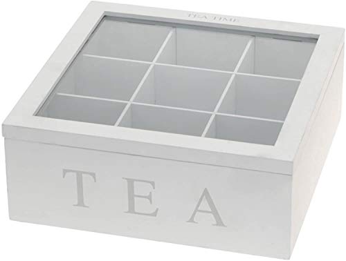 Koopman Teebox aus Holz, Teekasten in der Farbe weiß, Teekiste mit 9 Fächern, große Teebeutelbox, Auswahl: weiß von Koopman International